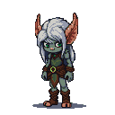 Small elven character with mossy green skin, silvery-white hair, and orange-tinged leathery ears. She wears a bark-like brown chest piece, a leaf-shaped tunic, and segmented brown greaves.