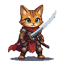 Feline warrior in segmented armor and crimson cape, holding a curved sword defensively.