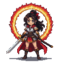 Anime warrior in red cape and armor, holding a gleaming sword, surrounded by a fiery halo.