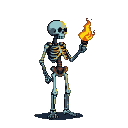 A skeleton holding a flaming torch against a black background.