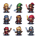 A diverse group of pixelated fantasy characters, including a warrior with a broadsword, a ranger, a knight, a soldier, a mage, and a cloaked figure with a staff, ready for adventure.