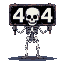 A skeleton holding a sign with "404" on it.