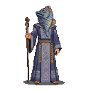 A fish-headed wizard in a deep blue robe with lighter blue patterns and a golden sash, holding a gnarled staff.