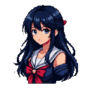 Young anime girl with dark blue hair and a red ribbon, wearing a sailor uniform with a white collar and red bow, looking forward with a gentle, melancholic expression.