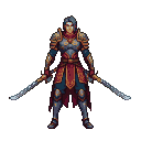 A warrior in dark, ornate armor with crimson and gold accents, holding two serrated swords.