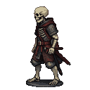 Skeletal crusader in weathered armor and tattered crimson cloak, standing in a side view with a sheathed sword.