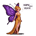 Radiant pixie with jewel-toned purple butterfly wings and a shimmering golden gown, smiling. A speech bubble next to her says "HAPPY NEW YEAR!".