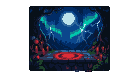 Pixelated forest clearing with a stone platform marked with a pulsating red circle, surrounded by glowing red candles and strange flora under a full moon and aurora borealis.