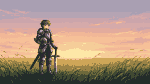A lone knight stands in a field at sunset, holding their helmet and with a sword planted in the ground. The sky is pastel pink, orange, and lavender.