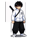 Young man with messy black hair, dark circles under his eyes, wearing a white jujutsu uniform jacket, black pants, white sneakers, and a black katana case slung over his shoulder.