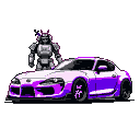 Purple Toyota Supra next to a gray-white samurai robot with a pink katana.