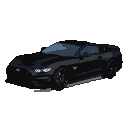 Black Mustang coupe in profile, with white headlights and subtle orange brake calipers.