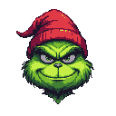 The Grinch with a mischievous grin, bright green fur, and a tilted red Santa hat.