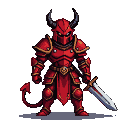 Crimson devil knight in golden-accented armor with sharp horns, a segmented tail, and a broadsword.