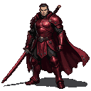 A fantasy warrior in scarlet armor and a flowing cape, holding a katana.