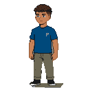 Young man with light brown skin, short curly hair, and a thoughtful expression, wearing a blue t-shirt with a white "P" logo.