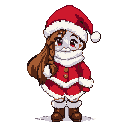 Young girl dressed as Santa Claus with braided brown hair, rosy cheeks, and a red coat with white trim.