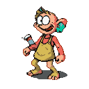 Cheerful cartoon character with peach skin, yellow overalls, and red sleeves, holding a spray bottle with a mischievous grin.