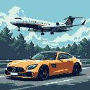 Vibrant orange sports car on a road, with a private jet flying overhead, against a backdrop of stylized evergreen forest and a pixelated sky with scattered clouds.