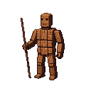 A wooden figure with blocky planks and a neutral expression holds a stick.
