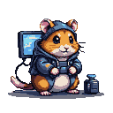 Pixelated hamster in a blue hooded jacket holds a game controller, with a glowing blue monitor behind it. A dark blue container sits to its right.