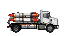 White truck with four silver rockets featuring red tips and orange boosters, shown in side view.