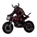 A menacing figure in horned helmet and tattered armor rides a vintage red motorcycle, with glowing red eyes visible.