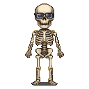 A pixel skeleton wearing dark-rimmed glasses, standing upright with a casual stance.