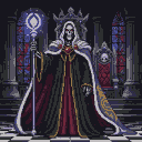 A skeletal figure in crimson and black robes with gold embroidery holds a staff with a glowing orb in a grand pixel art throne room with stained-glass windows.
