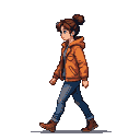 Young person in orange hooded jacket, blue jeans, and brown boots walking.