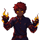 Young man with fiery red hair and glowing amber eyes, hands outstretched, conjuring flames from his dark gloves.