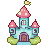 A pastel aqua castle with pink mushroom-capped turrets, purple and brown doorway, and green bushes. A golden flag flies from the tallest spire.