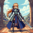 Young female warrior with blonde hair, blue ribbon, and ornate blue and silver armor, holding a long sword. She stands before a stone colonnade with a view of rolling hills and a cloudy sky.