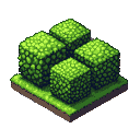 Four isometric, cuboid green bushes with pixelated foliage.