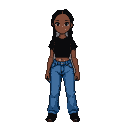 A young Black woman with braided hair and a curious gaze stands in a black crop top and loose denim jeans.