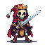 Skeletal king wearing a golden crown and a flowing crimson cape, holding a gleaming sword.