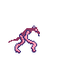 A slender, bipedal creature with a long, pink and purple body and thin limbs crouches, head tilted to the side, against a black background.