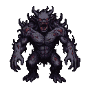 A hunched, monstrous figure with glowing crimson eyes, a gaping maw with jagged teeth, and twisted horns, surrounded by wisps of dark energy.