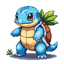 A blue, bipedal Pokémon with a distinctive shell and a friendly, determined expression, standing on grass.