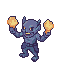Blue-skinned creature with pointed ears and horns, arms raised, holding glowing orange energy orbs.