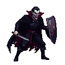 Menacing vampire with glowing red eyes, pale sharp features, ornate dark cape, armored attire, holding a gleaming knife and weathered shield against a black background.