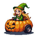 Whimsical elf with blonde hair and pointed ears, wearing a green witch's hat and tunic, joyfully steering a carved jack-o'-lantern vehicle with one wheel.