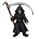 A hooded skeletal figure, the Grim Reaper, holds a large scythe.