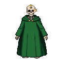 A skeletal figure in a flowing emerald green robe with a golden halo, one glowing red eye.