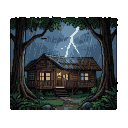 Rustic wooden cabin in a dense forest during a lightning storm, with interior lights visible.