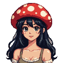 Young woman with flowing black hair, smiling, wearing a red mushroom cap with white spots, rosy cheeks, and an earthy-toned garment.