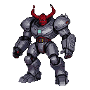 Hulking devil in a metallic mech suit with glowing red accents.