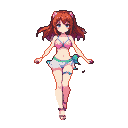 Anime girl with auburn hair, wearing a pink bikini and shorts with a blue sash, standing with arms outstretched on a beach.
