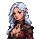 Drow woman with crimson eyes, flowing white hair, and tattered revealing attire with leather armor over a red garment.