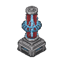 Futuristic Tesla coil machine with pulsing blue electrical arcs between red conduits, on an angular metallic grey base with blue accents.